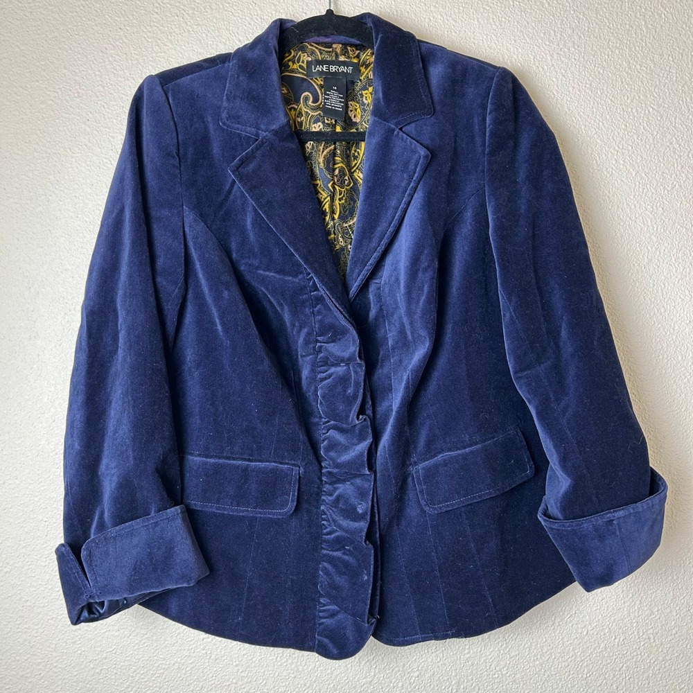 Lane Bryant Navy Blue Velvet Ruffle Blazer Jacket Pirate Regency Whimsigoth 14
